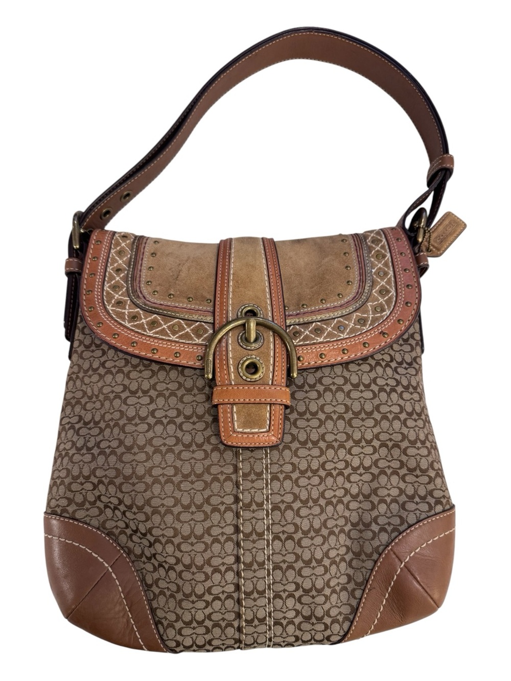 Coach Soho F11405 Y2K 2007 Signature Suede Studded Hobo Shoulder Bag Tan Caramel